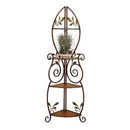 Metal and Wood 3-Shelf Corner Bakers Rack with Floral Leaf Accents