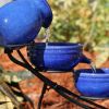 Blue Ceramic Outdoor Cascading Fountain Bird Bath with Solar Pump