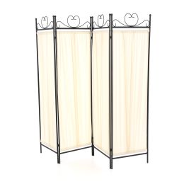 Black Metal 4-Panel Room Divider with Off-White Fabric Screen