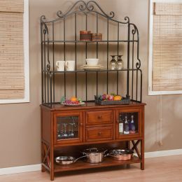 Wrought Iron Top 47-inch Bakers Rack in Heritage Oak Wood Finish