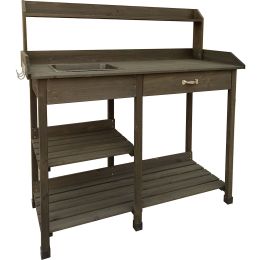 Outdoor Garden Bench Work Table with Drawer in Dark Brown Wood Finish