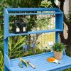 Blue Wood Potting Bench with Garden Tool Hanging Trellis and Slatted Shelf