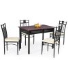 5-Piece Black Brown Dining Set Wood Metal Table Chairs with Cushions
