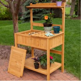 Natural Wood Potting Bench Garden Table with Bottom Shelf