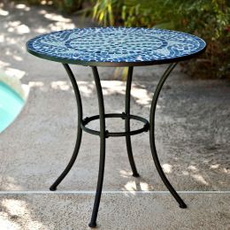 30-inch Round Metal Outdoor Bistro Patio Table with Hand-Laid Blue Tiles