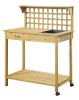Natural Wood Finish Potting Bench with Trellis Shelving and Sink