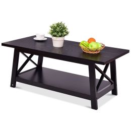 Modern Classic Black Wood Coffee Table with Bottom Shelf