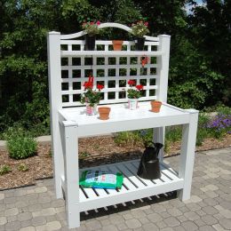 White Vinyl Outdoor Potting Bench with Trellis - Made in USA
