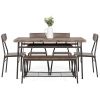 6-Piece Brown Wooden Dining Set with 4 Chairs Bench and Storage Racks