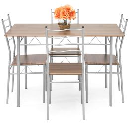 5-Piece Wooden Kitchen Table Dining Set with Metal Legs, 4 Chairs, Brown/Silver