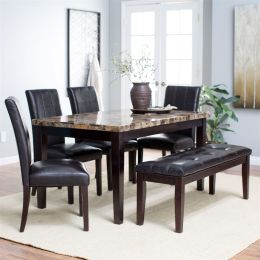 Traditional 6-Piece Dining Set with Faux Marble Top Table 4 Chairs and Bench