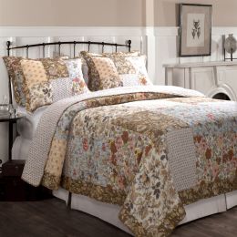 King Cotton Quilt Set in Blue Brown Peach Floral Patchwork Pattern
