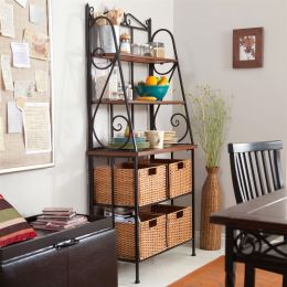 Durable Metal and Wood Bakers Rack with Classic Wicker Basket Storage