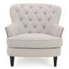 Natural Mid-Century Tufted Upholstered Club Armchair with Ottoman