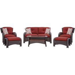 Brown Resin Wicker 6-Piece Patio Furniture Lounge Set with Red Seat Cushions