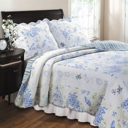 King 100% Cotton Oversized Quilt Set in Ocean Blue Coral Seashells