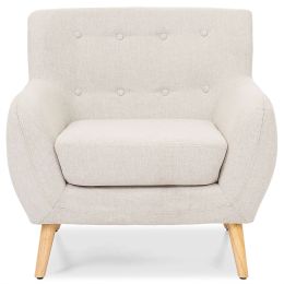 Light Grey Upholstered Tufted Armchair with Mid-Century Style Wood Legs