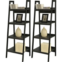 Set of 2 - Black 4-Shelf Modern Ladder Style Bookcases