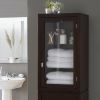 Espresso Wood Linen Tower Bathroom Storage Cabinet with Glass Paneled Door