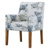 Modern Linen Upholstered Armchair with Blue Butterfly Pattern and Wood Legs