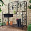 Black Metal Potting Bench with Wrought Iron Vine Details and Fabric Potting Sink