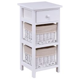 White Wood 1-Drawer End Table Nightstand with 2 Wicker Baskets