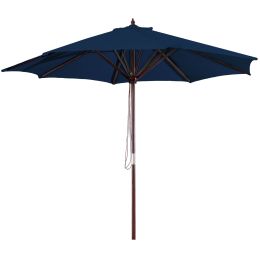 9-Foot Wood Frame Patio Umbrella with Pulley and Navy Blue Canopy