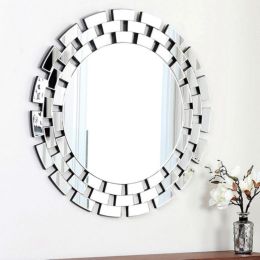 Modern 35.5 inch Round Wall Mirror with Tiered Glass Brick Border