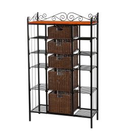 Classic Black Iron Bakers Rack with 5 Rattan Baskets