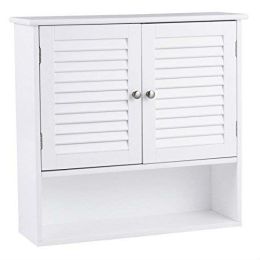 White Wall Mount Bathroom Cabinet with Louver Doors and Metal Knobs