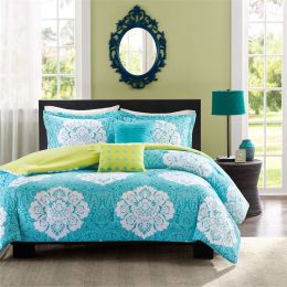 Twin size Teal Blue Damask Comforter Set with Green Accents