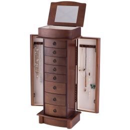 Brown Wood 8-Drawer Jewelry Armoire Chest Storage Cabinet with Mirror
