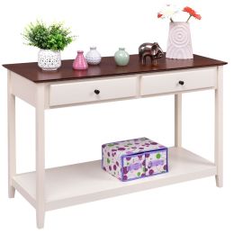 White Wood 2-Drawer Console Sofa Table with Walnut Finish Top