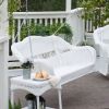 White Resin Wicker Porch Swing with Hanging Hooks Springs and Blue Cushion