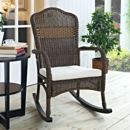 Indoor/Outdoor Patio Porch Mocha Wicker Rocking Chair with Beige Cushion