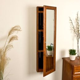 Wall Mount Jewelry Armoire Cabinet and Mirror in Oak Wood Finish