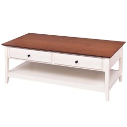 White Wood Coffee Table with 2 Storage Drawers and Bottom Shelf