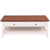 White Wood Coffee Table with 2 Storage Drawers and Bottom Shelf